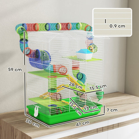 Pawhut 5 tier hamster cage with white wire frame green base colorful tunnels exercise wheels and water bottle