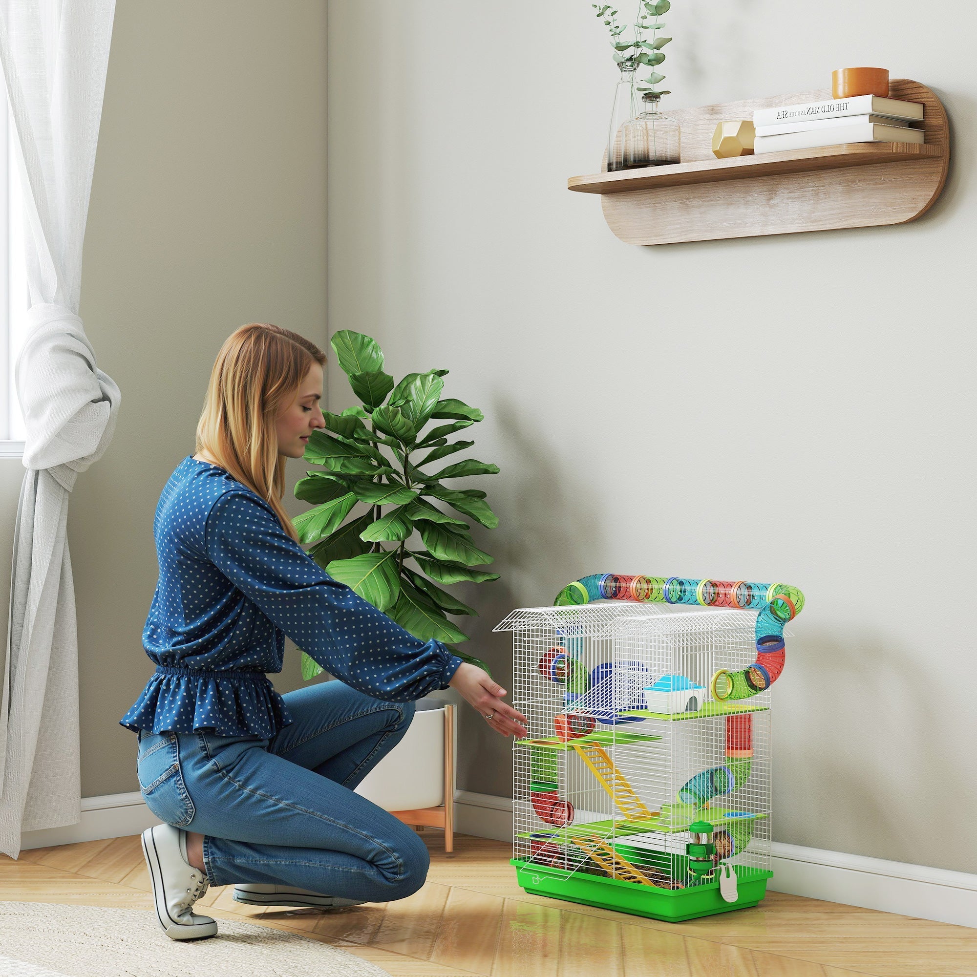 Colorful pawhut 5 tier hamster cage with green base rainbow tunnels exercise wheels and water bottle for dwarf mice