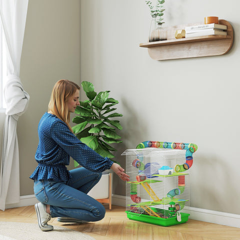 Colorful pawhut 5 tier hamster cage with green base rainbow tunnels exercise wheels and water bottle for dwarf mice