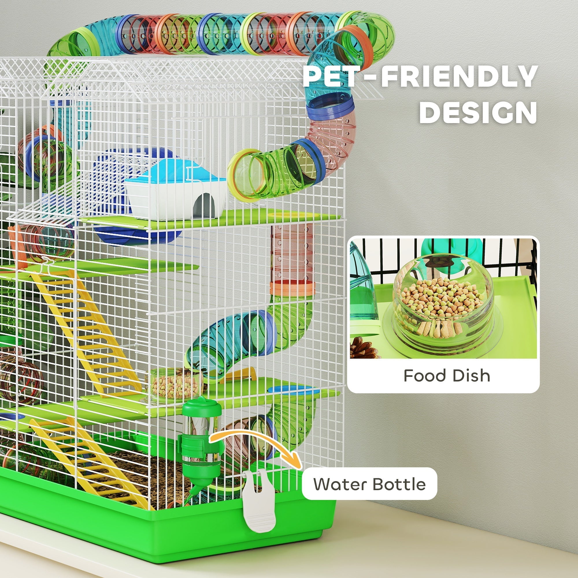 Pawhut 5 tier green hamster cage with colorful tunnels, exercise wheels, water bottle, and white wire structure