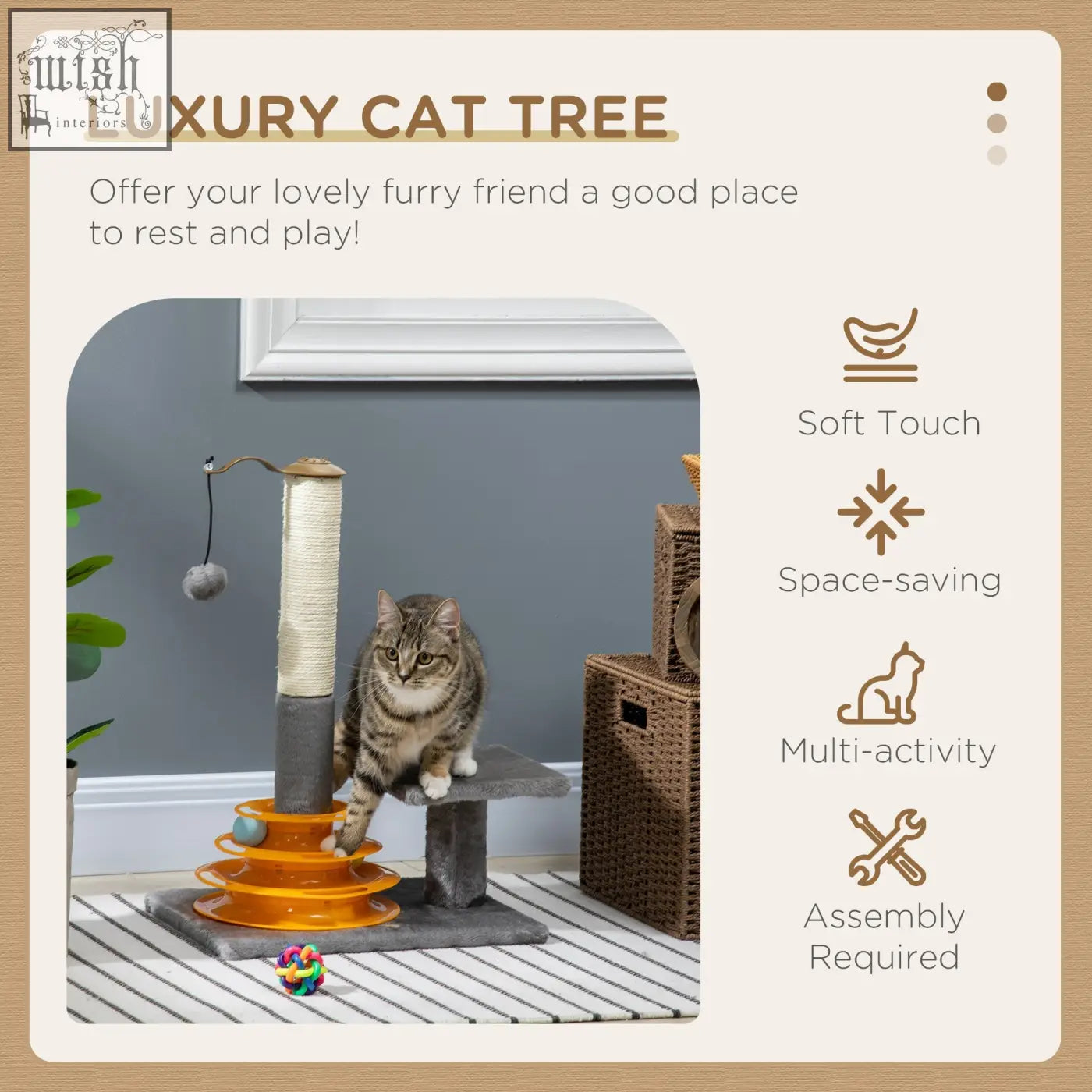 Pawhut gray and orange cat tree with sisal scratching posts soft platforms and toy ball for kitten fun and climbing