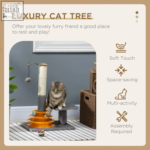 Pawhut gray and orange cat tree with sisal scratching posts soft platforms and toy ball for kitten fun and climbing