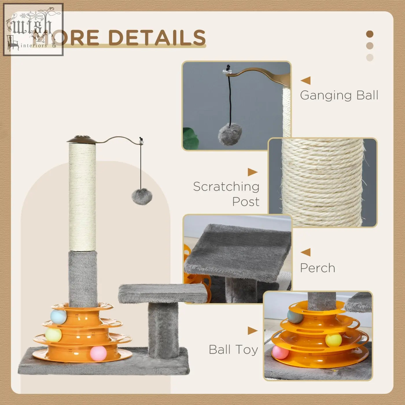Orange plastic ball toy with colorful balls on tiers on pawhut grey cat tree with sisal scratching post and toy ball