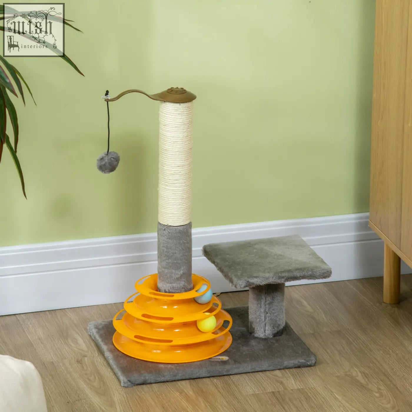 Orange plastic pawhut cat tree with sisal scratching post, gray carpeted base, platform, and dangling toy ball