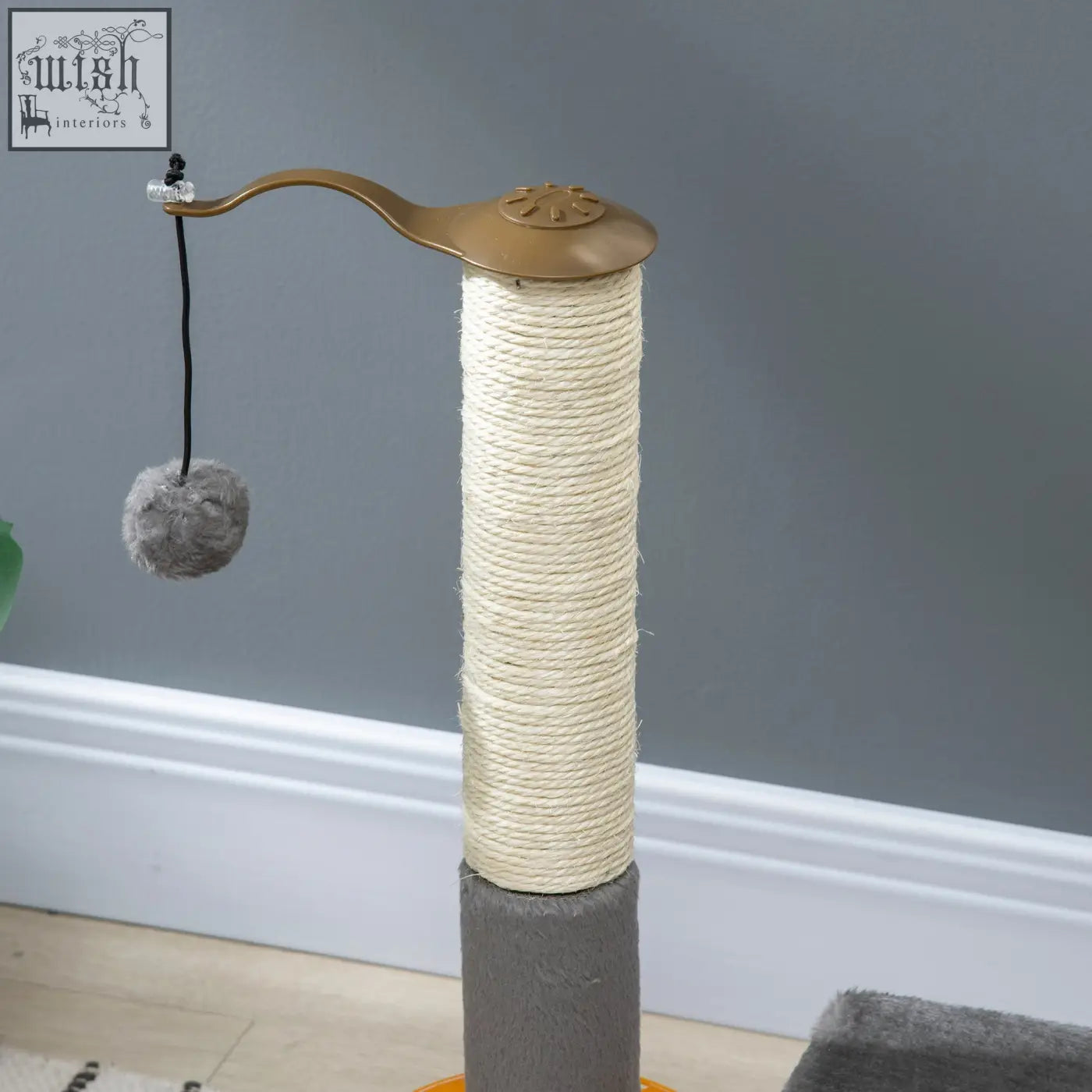 Tall beige sisal scratching post cat tree with gold top and gray pom pom toy from pawhut climbing stand