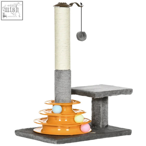 Pawhut gray and orange cat tree tower with sisal scratching post platform and interactive ball spinner toy
