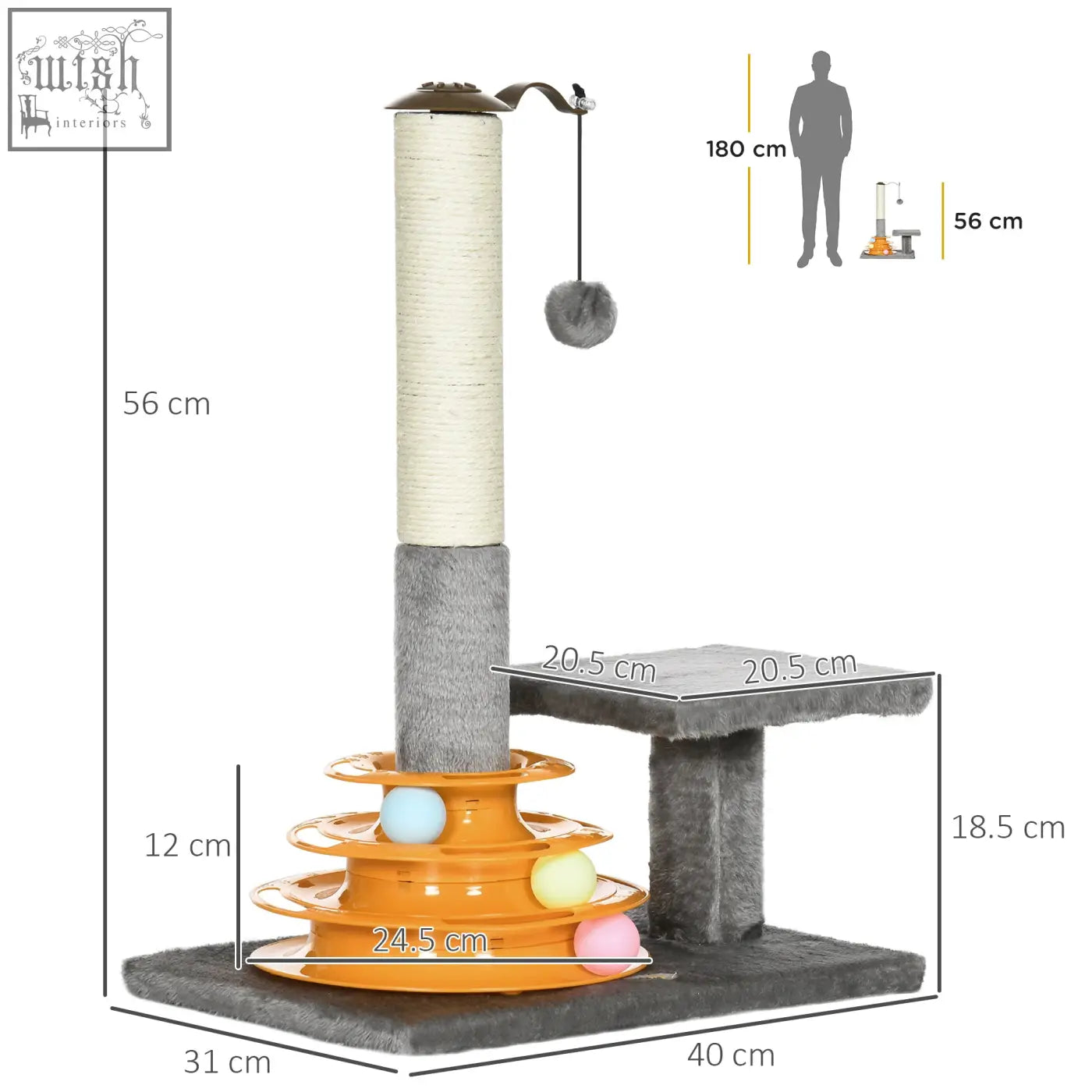 Pawhut 56cm orange and gray cat tree with sisal scratching post, platform, and dangling toy ball for kittens
