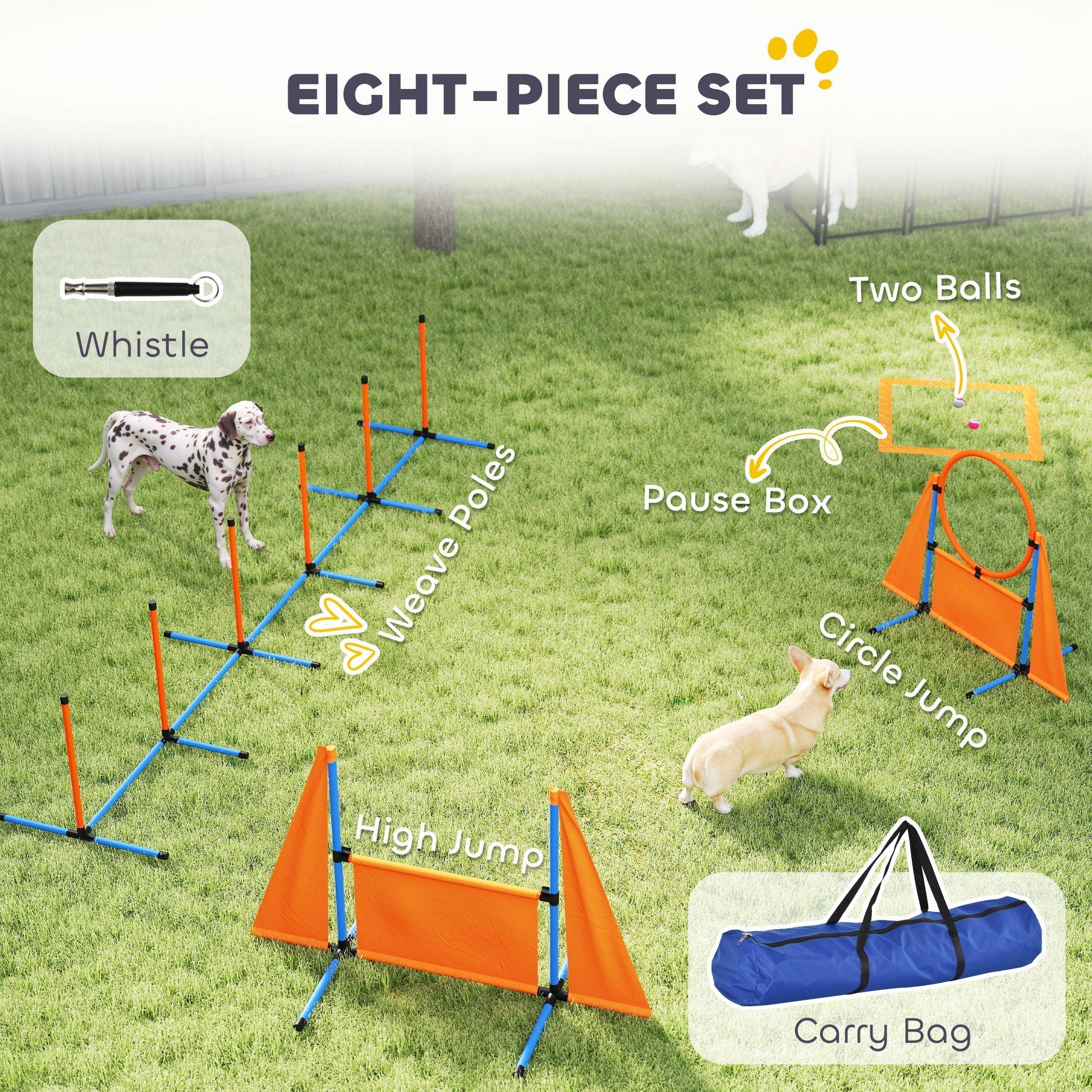 Orange and blue pawhut dog agility set with weave poles, pause box, jump ring, hurdle, and carry bag for training