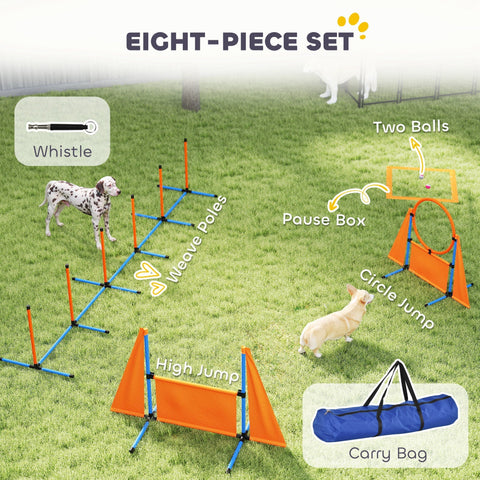 Orange and blue pawhut dog agility set with weave poles, pause box, jump ring, hurdle, and carry bag for training