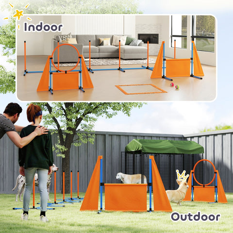 Orange and blue collapsible dog agility set with fabric pause box, weave poles, hurdles, and carry bag by pawhut