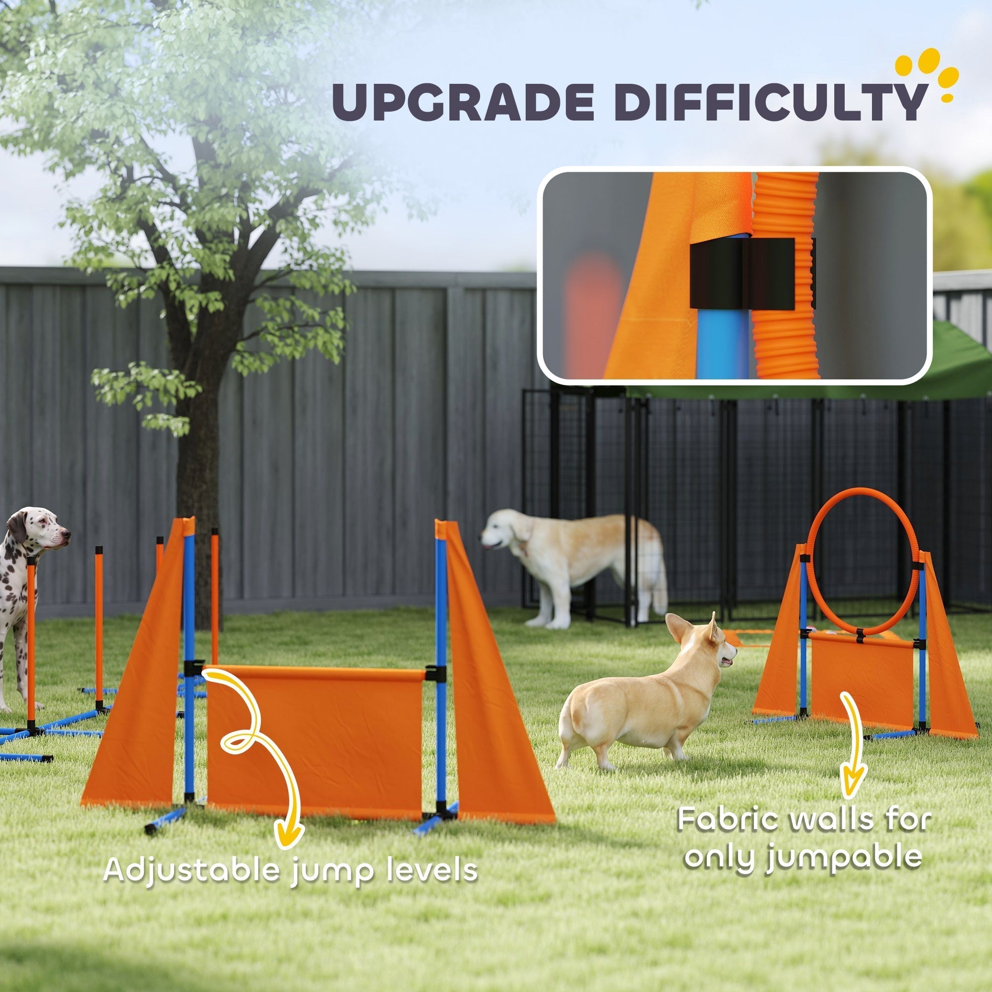 Orange dog agility set with weave poles, adjustable jumps, pause box, and convenient carry bag by PawHut