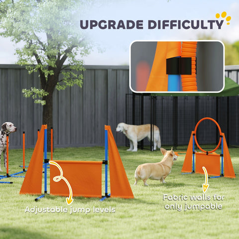 Orange dog agility set with weave poles, adjustable jumps, pause box, and convenient carry bag by PawHut