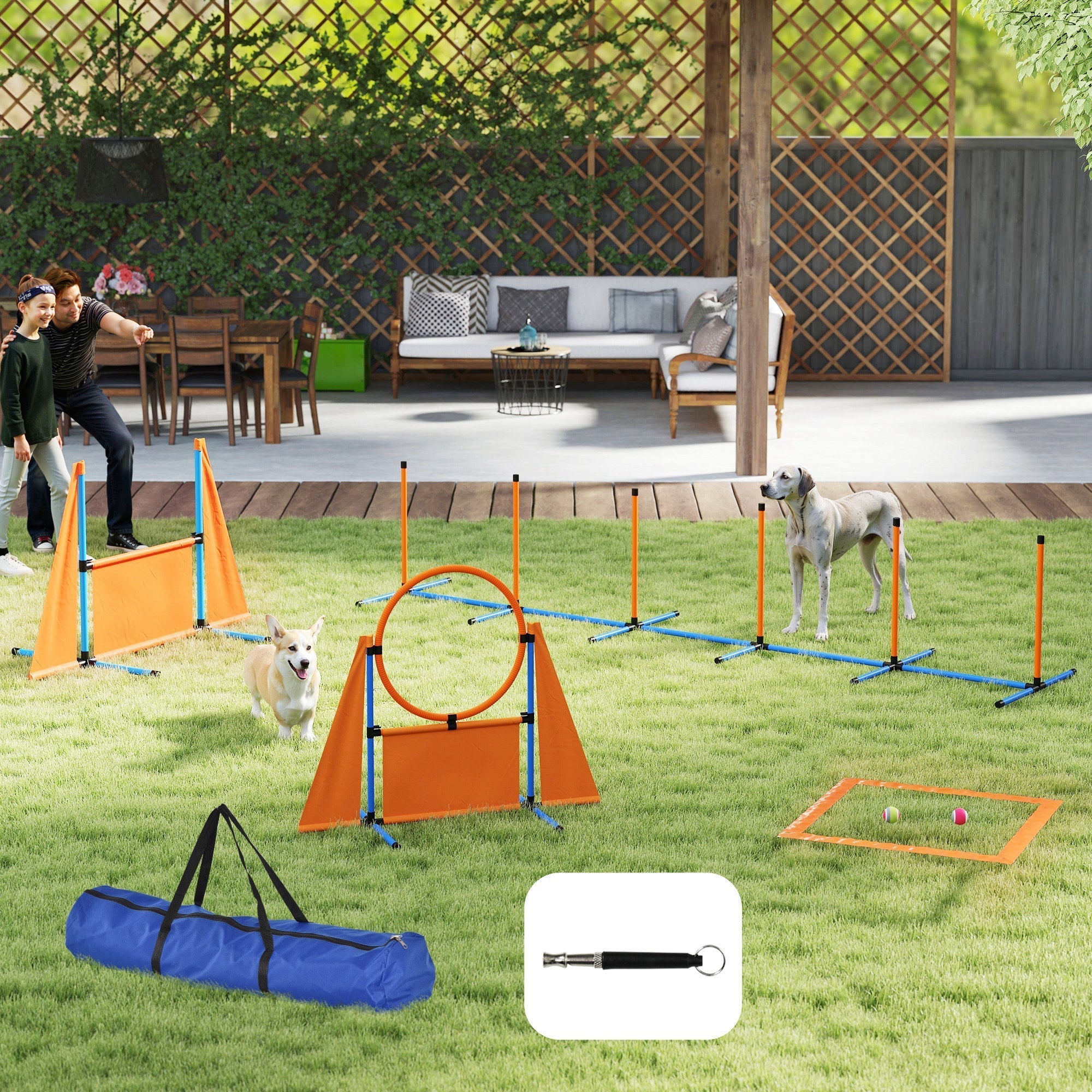 Orange and blue pawhut dog agility set with weave poles pause box and carry bag plus a black whistle included