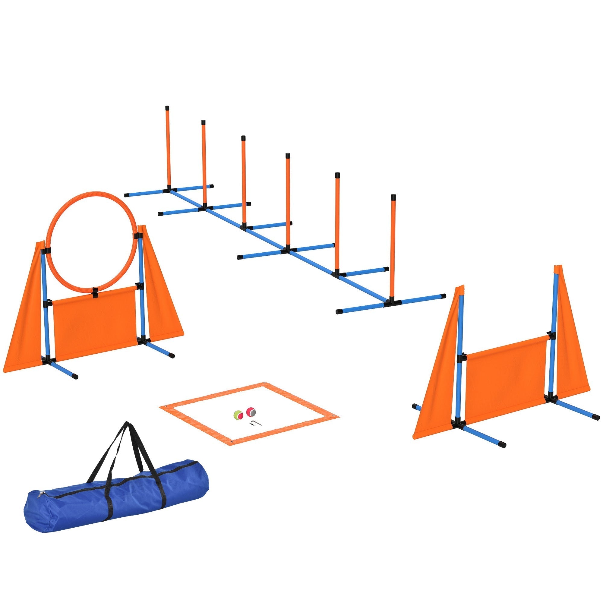 Orange and blue pawhut dog agility set with weave poles pause box and carry bag for training and play