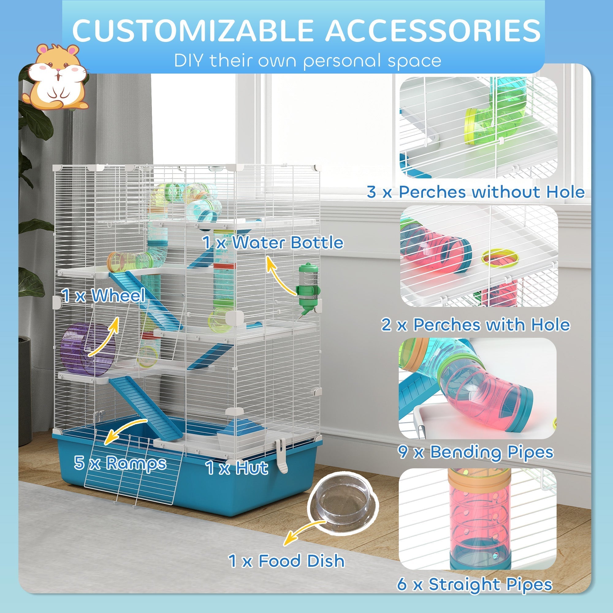 Blue pawhut 6 tier hamster cage with white wire bars colorful accessories water bottle measures 58l x 36w cm