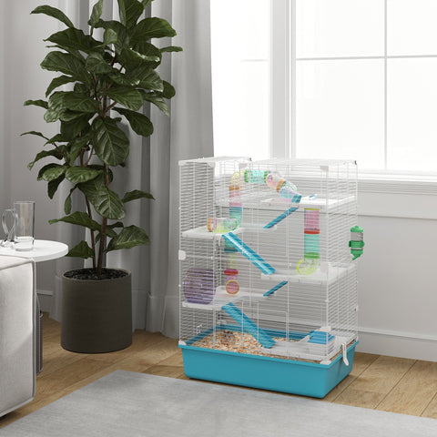 Multi-level white wire hamster cage with turquoise base 58l x 36w includes water bottle and colorful accessories