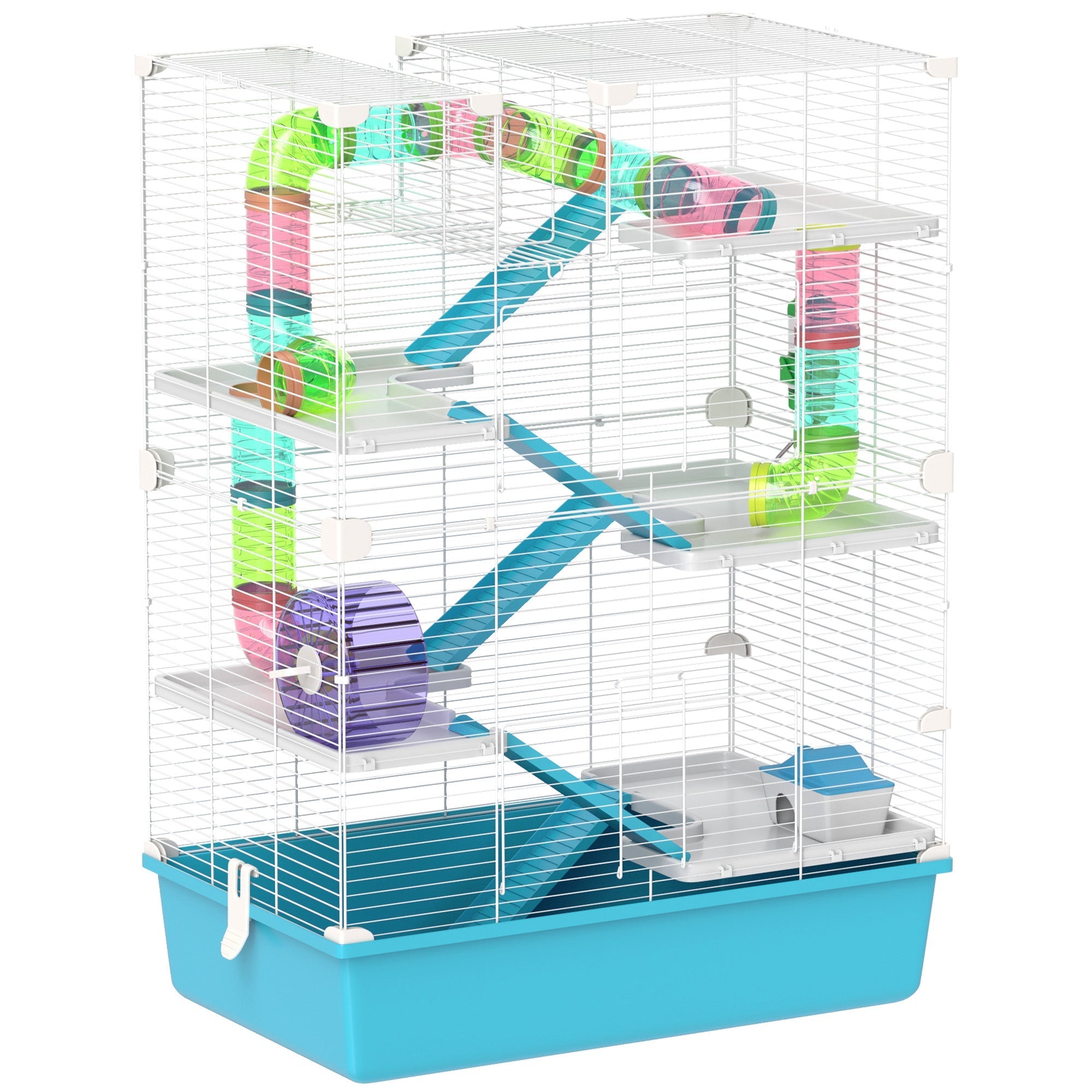 Pawhut 6 tier hamster cage with colorful plastic tunnels purple exercise wheel water bottle and blue base tray 58l x 36w