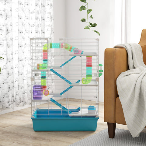 Pawhut 6 tier hamster cage with transparent teal pink green purple blue tubes water bottle 58l x 36w small animal cage