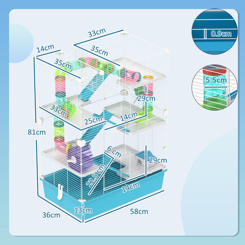 Pawhut 6 tier hamster cage in light blue acrylic with colorful tunnels water bottle and 58l x 36w dimensions