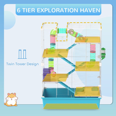 Pawhut 6 tier hamster cage with colorful twin towers, transparent tubes, ramps, water bottle, 58l x 36w cm size