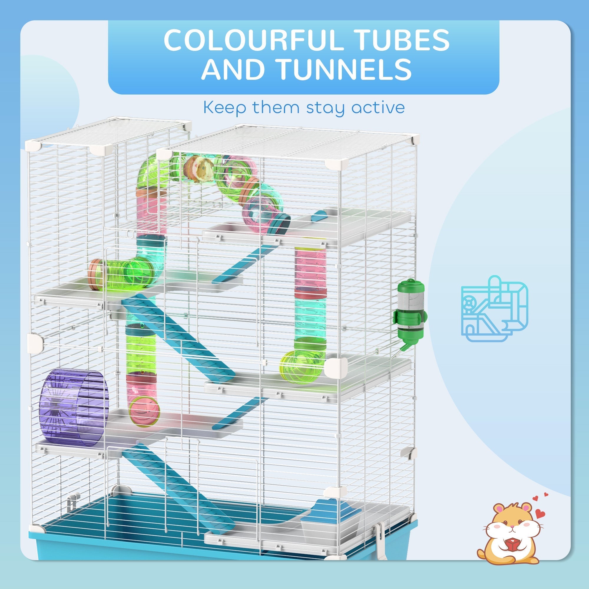 Pawhut 6 tier hamster cage with colorful transparent tubes, purple wheel, water bottle and light blue frame 58l x 36w
