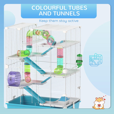 Pawhut 6 tier hamster cage with colorful transparent tubes, purple wheel, water bottle and light blue frame 58l x 36w
