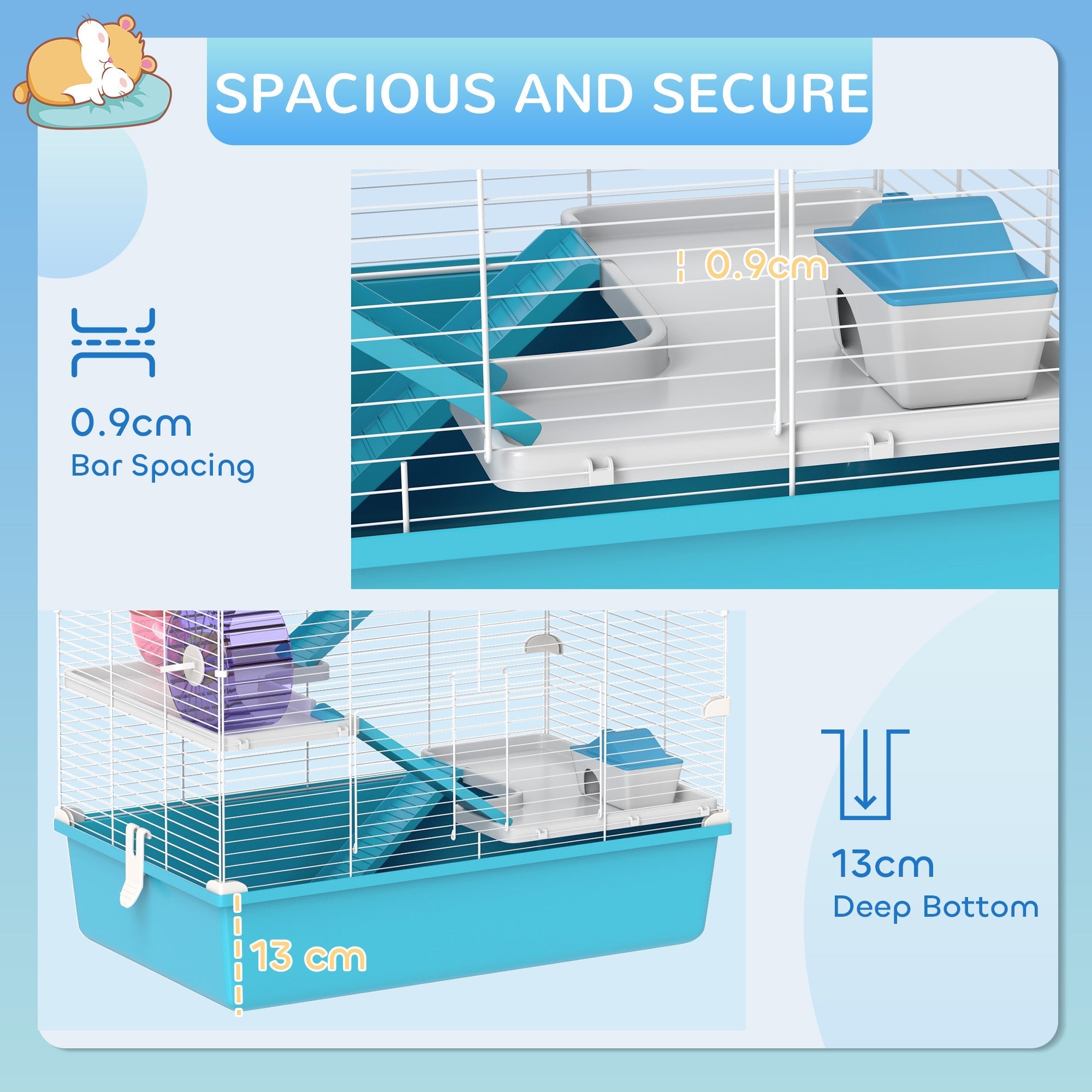 Blue and white pawhut 6 tier hamster cage with 58l x 36w size includes water bottle, ramps, platforms, and exercise wheel