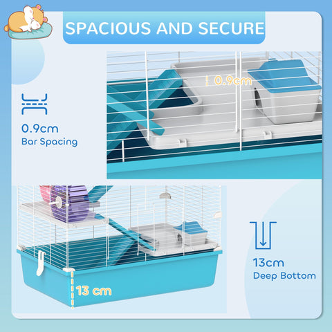 Blue and white pawhut 6 tier hamster cage with 58l x 36w size includes water bottle, ramps, platforms, and exercise wheel