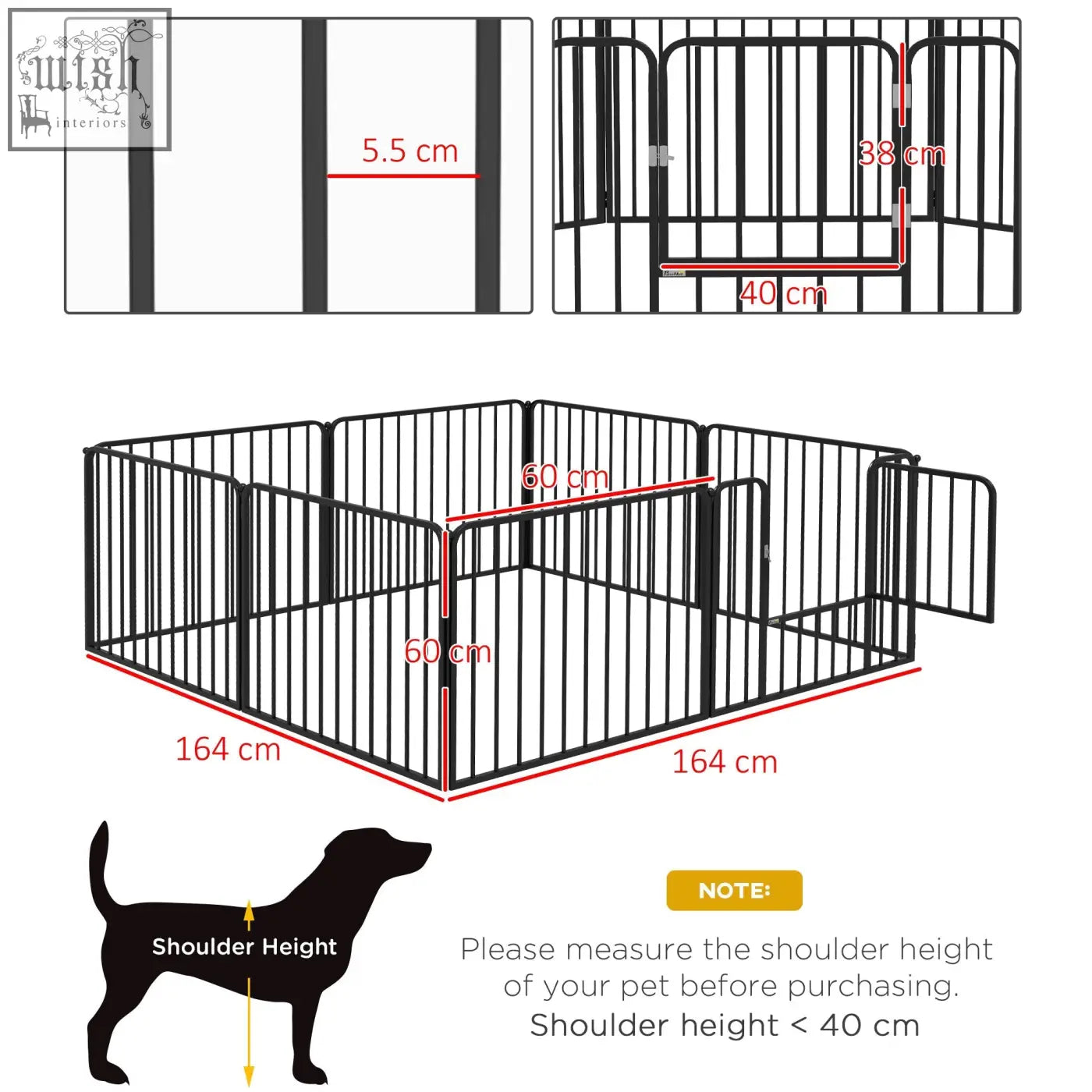 Black metal heavy duty pet playpen with vertical bars and foldable gate for small dogs indoors and outdoors