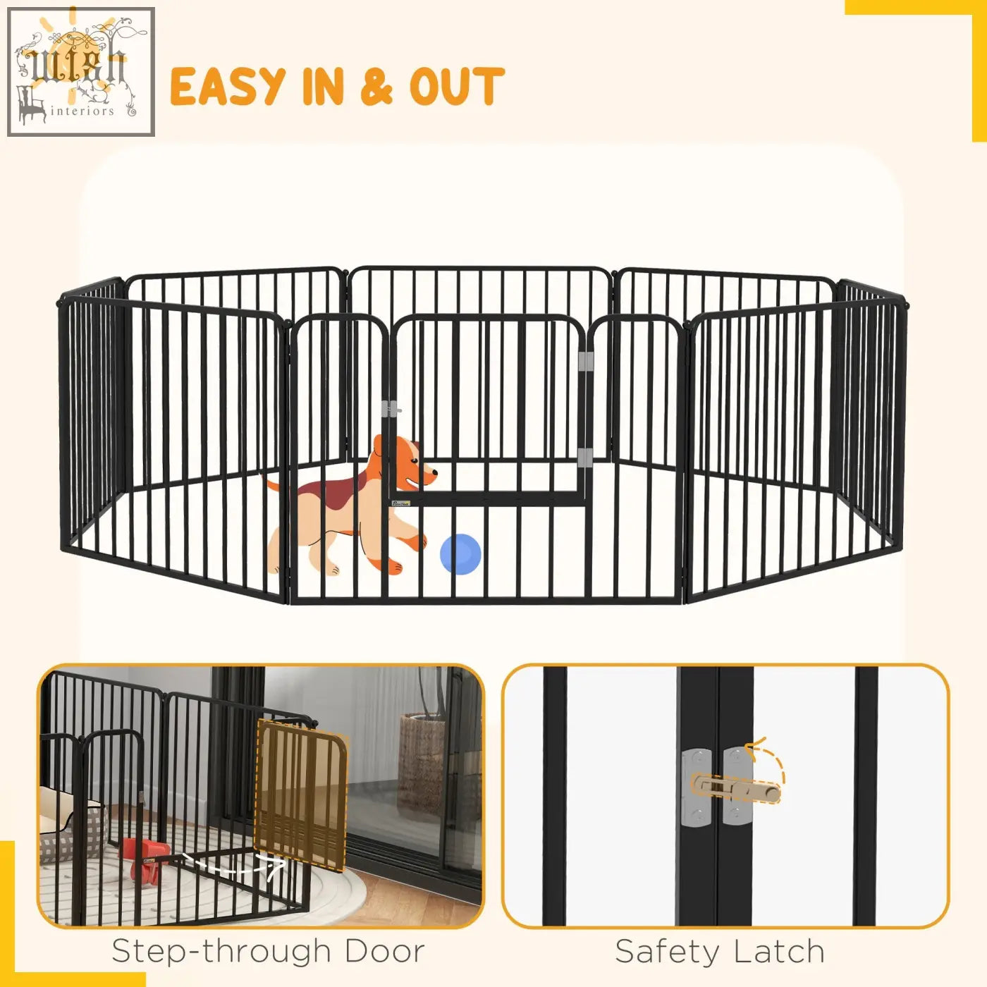 Black metal heavy duty pet playpen with step-through door and safety latch for small dogs indoors outdoors