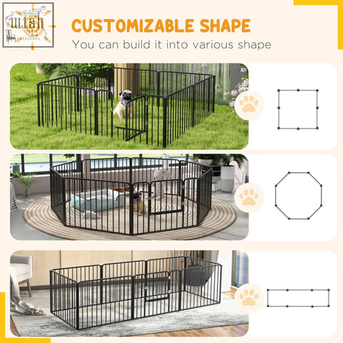Black metal heavy duty dog pen with 8 adjustable panels for small dogs indoor outdoor pet playpen by pawhut