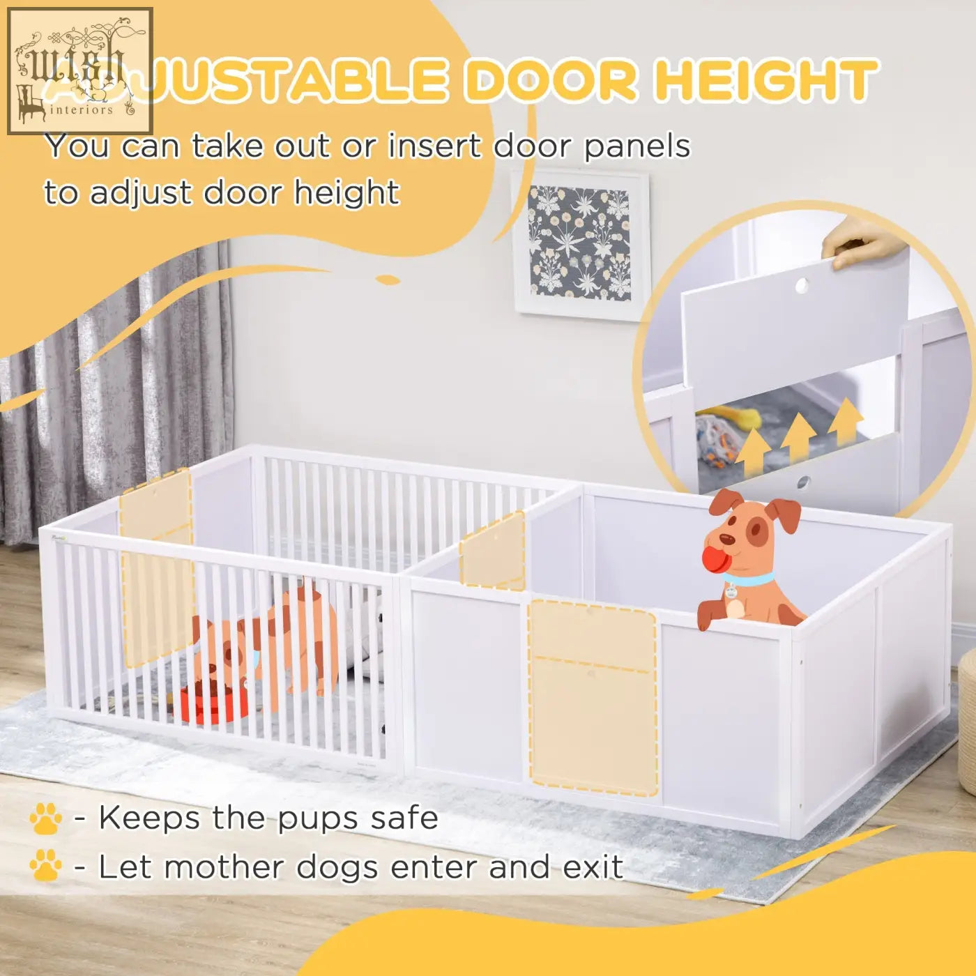 White and beige pawhut 7 panels playpen with two room design and adjustable single panel for puppies
