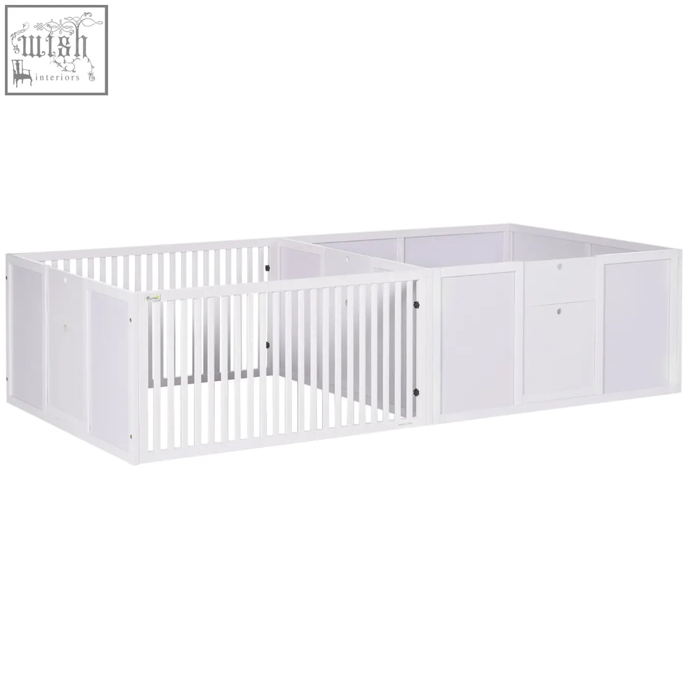 White pawhut two room design modular pet playpen with vertical slats and storage compartments for baby dogs