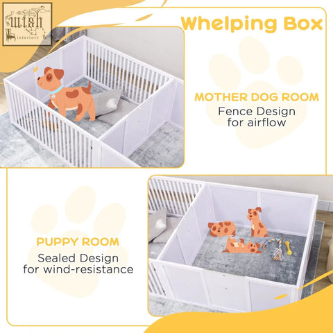 White pawhut modular pet playpen with vertical slats two room design and gray cushioned floor for dogs
