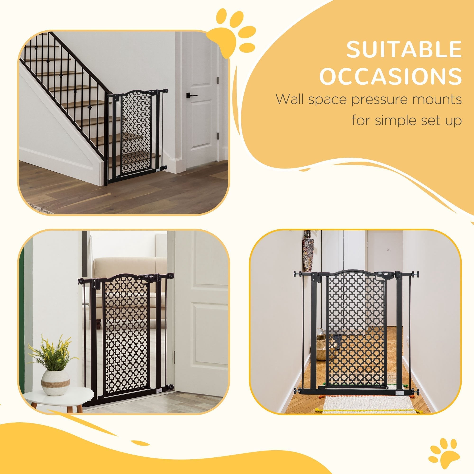 Black solid steel pet gate with decorative lattice pattern pawhut 74-80cm pressure fit safety gate for doorways and stairs