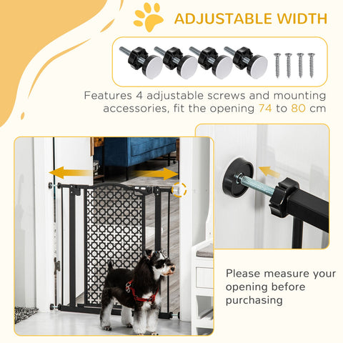 Black solid steel pet gate with adjustable 74-80cm width and decorative lattice pattern for doorways and staircases