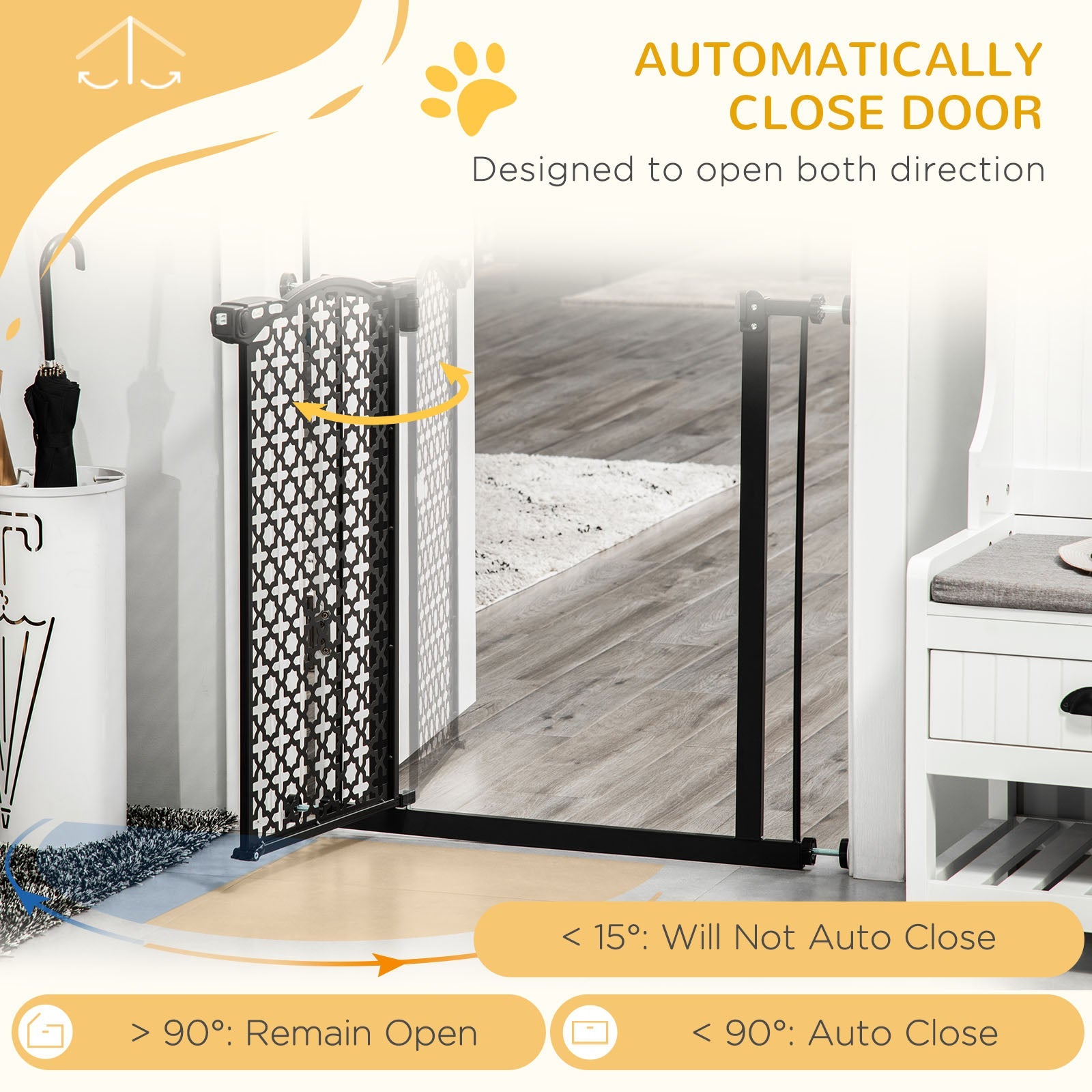Black metal pet gate with geometric lattice design solid steel for doorways and staircases 74-80cm pressure fit