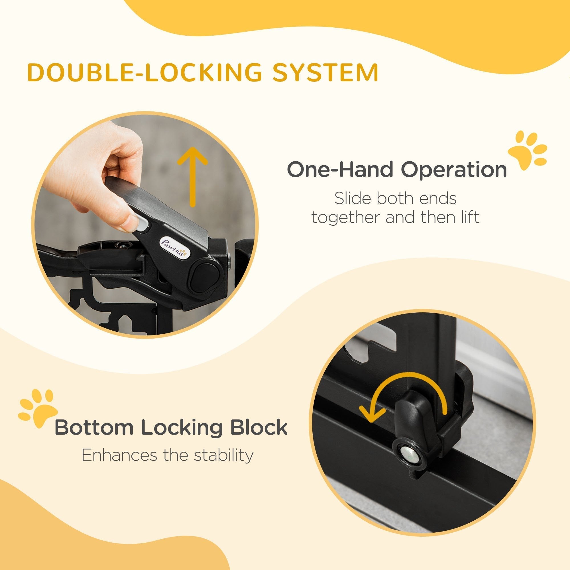 Black solid steel pawhut pet gate 74-80cm with double locking system and bottom lock for easy one-hand use