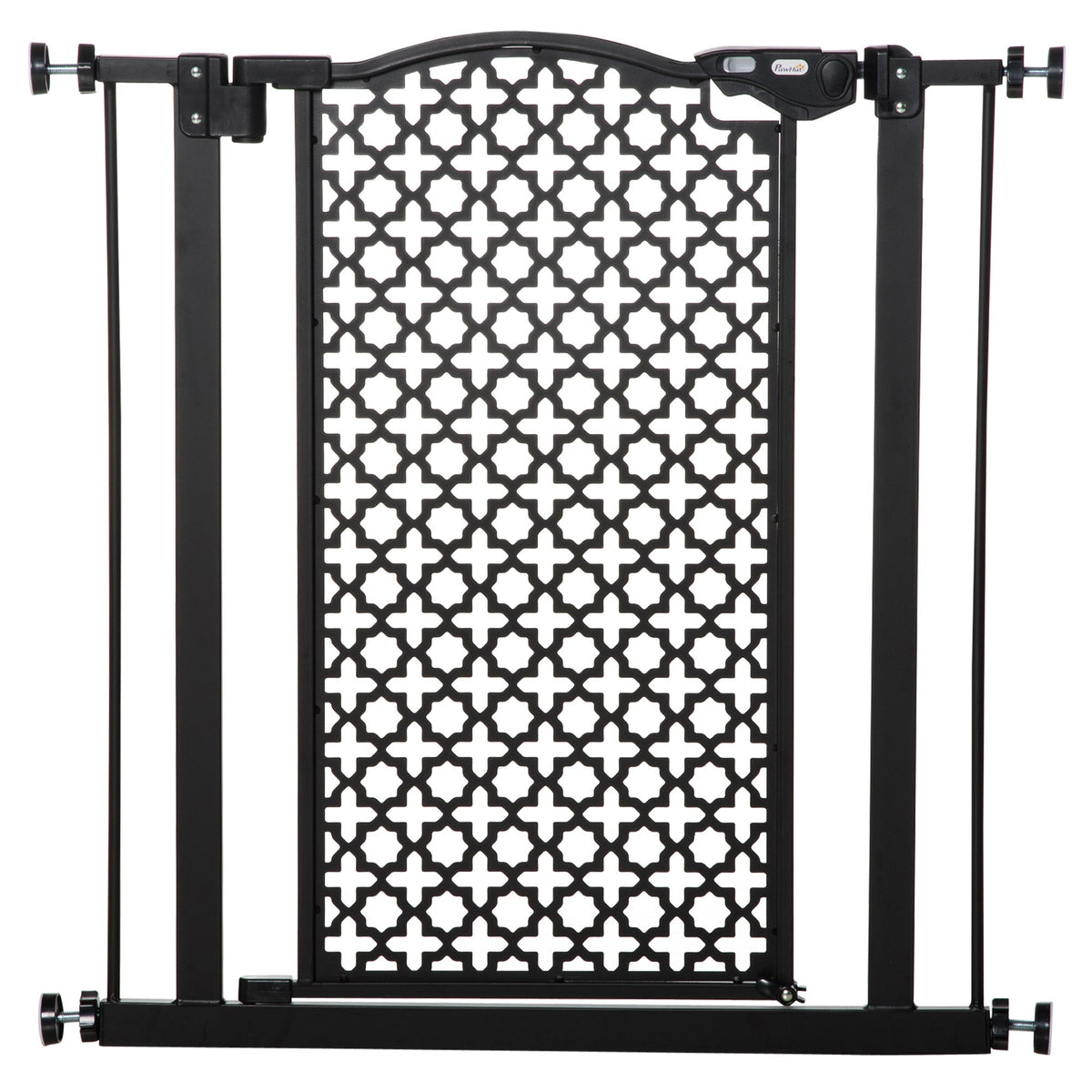 Black metal pet gate with ornate geometric lattice, solid steel, adjustable side bars fits 74-80cm doorways and staircases