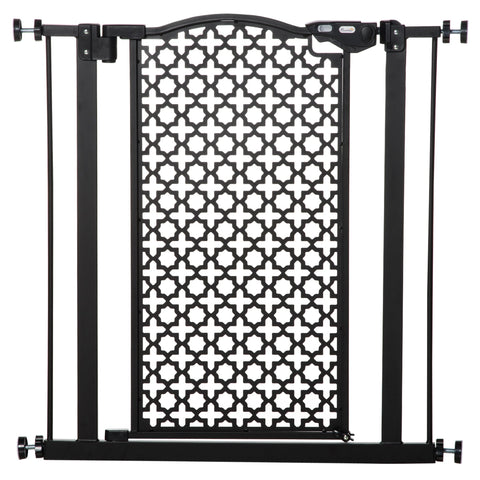 Black metal pet gate with ornate geometric lattice, solid steel, adjustable side bars fits 74-80cm doorways and staircases