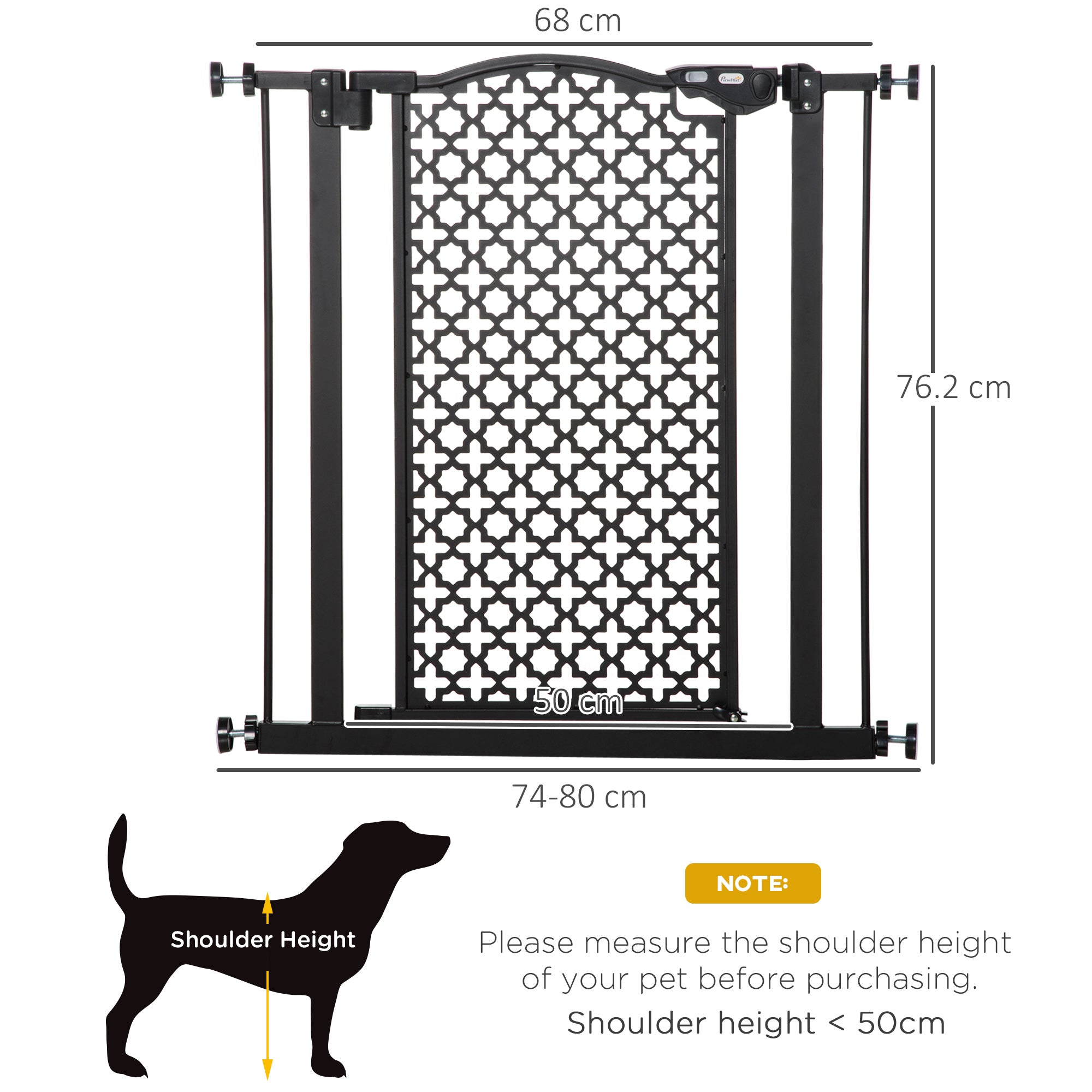 Black metal pet gate with decorative geometric lattice made of solid steel fits 74-80cm doorways and staircases