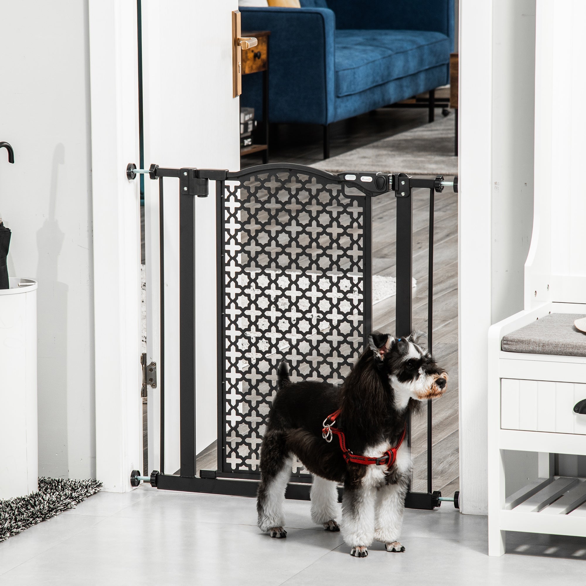 Black solid steel pet gate with ornate geometric lattice fits 74-80cm doorways for safe pet barriers