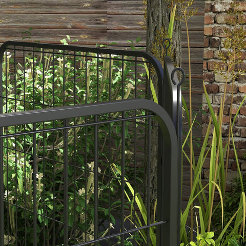Black metal garden gate with curved top and looped handles part of pawhut 8 panels heavy duty puppy playpen for medium dogs