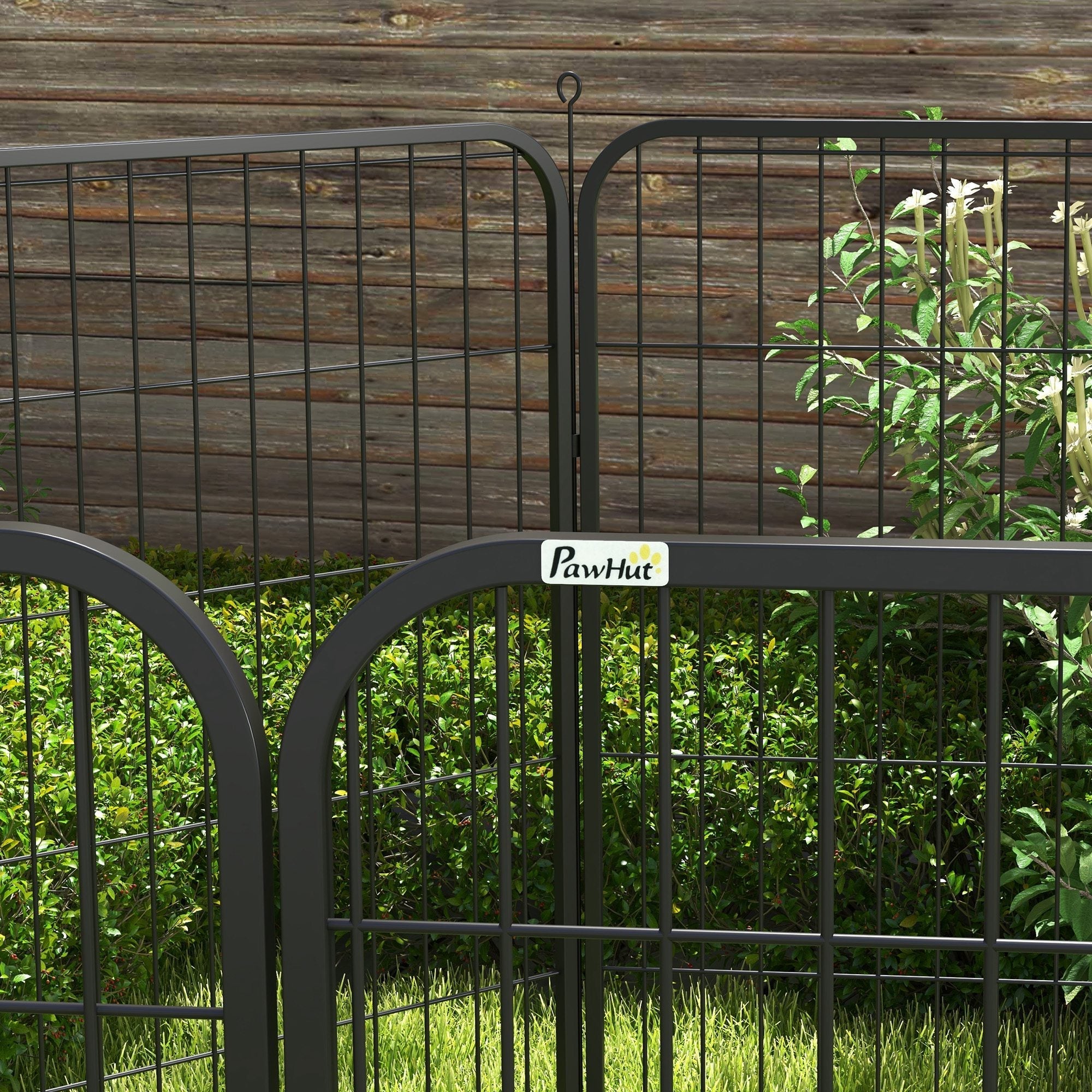 Black metal puppy playpen with arched top and grid pattern by pawhut for medium dogs indoor and outdoor use