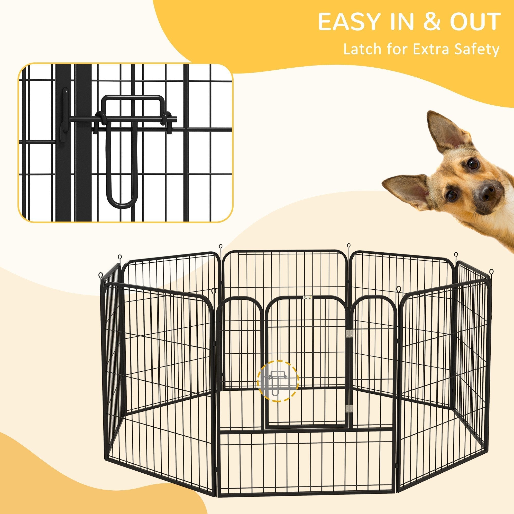 Pawhut black metal pet playpen with 8 arched panels and secure latch for easy access indoor and outdoor use