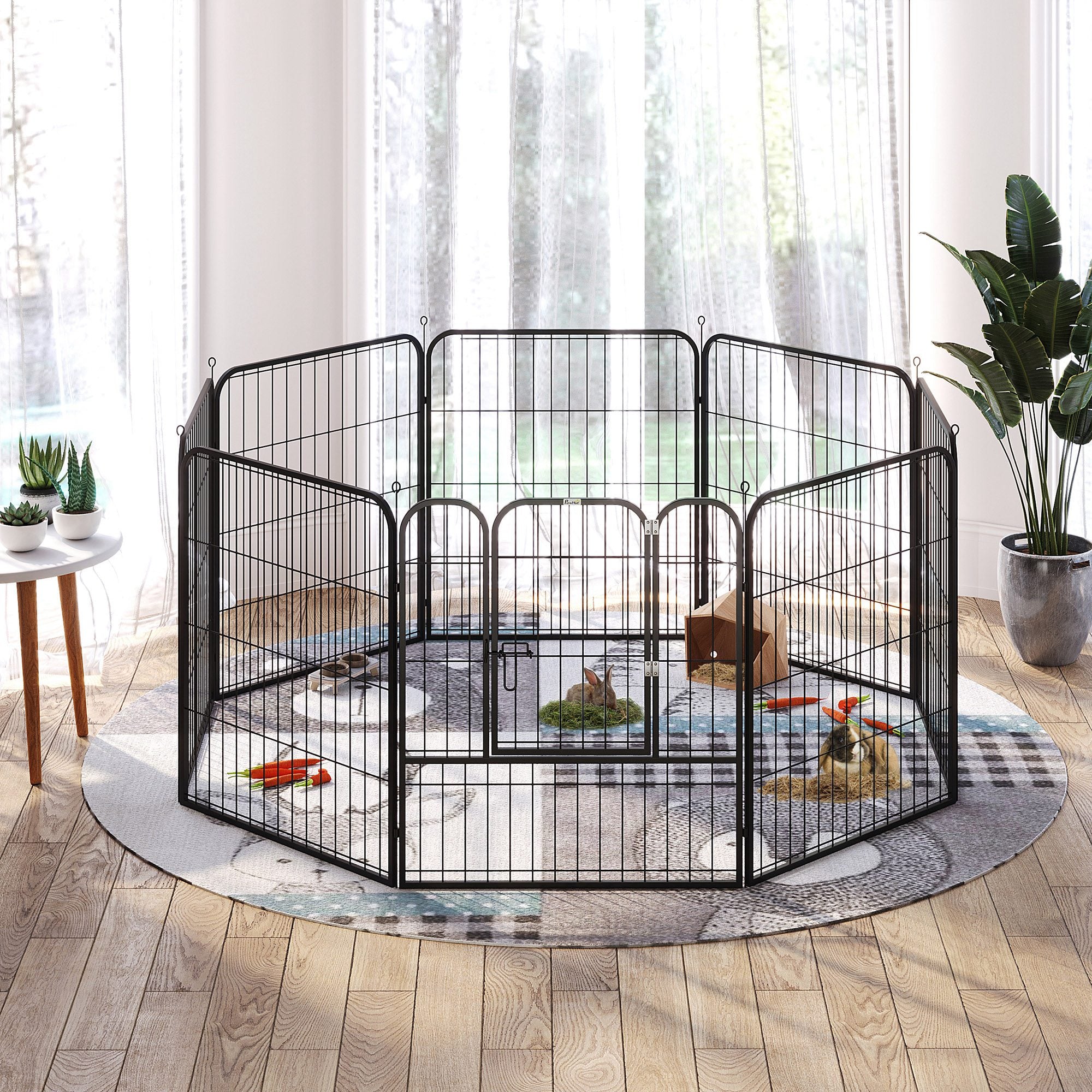 Black metal pet playpen with curved gate panels and circular base pawhut 8 panels indoor outdoor use