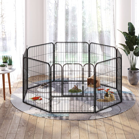 Black metal pet playpen with curved gate panels and circular base pawhut 8 panels indoor outdoor use