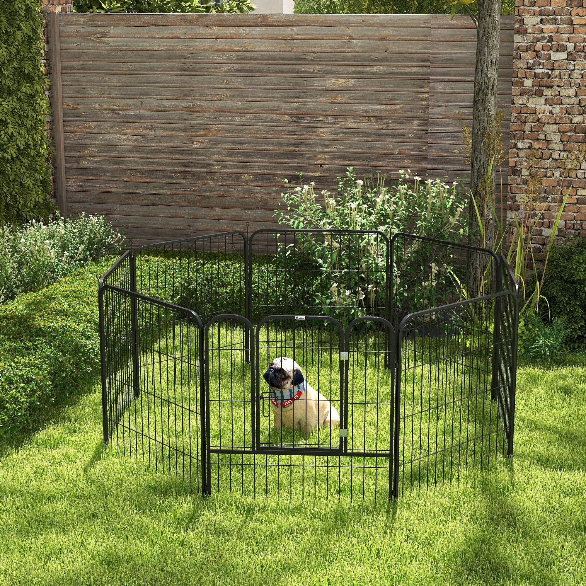Pawhut black metal pet playpen with arched panels and gate for small and medium dogs indoor and outdoor use