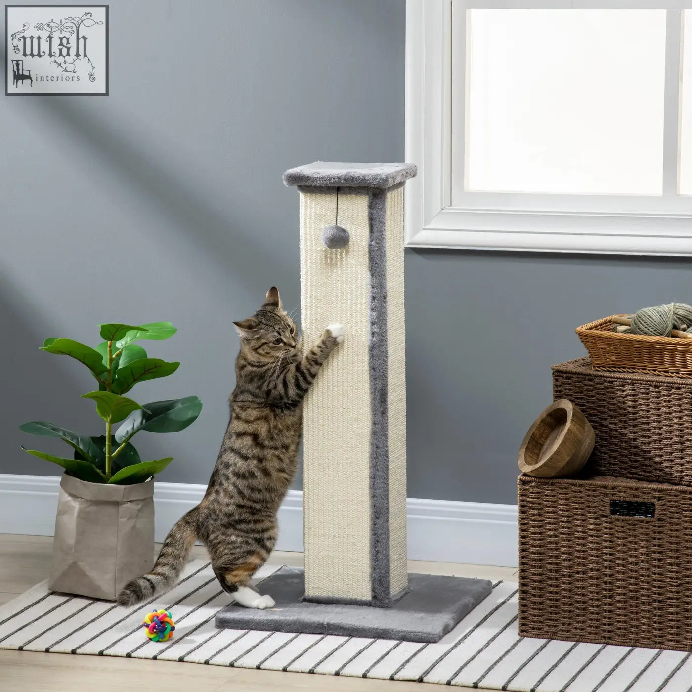 Pawhut gray and beige cat scratching post with soft plush top, natural sisal rope, particle board base, and hanging ball
