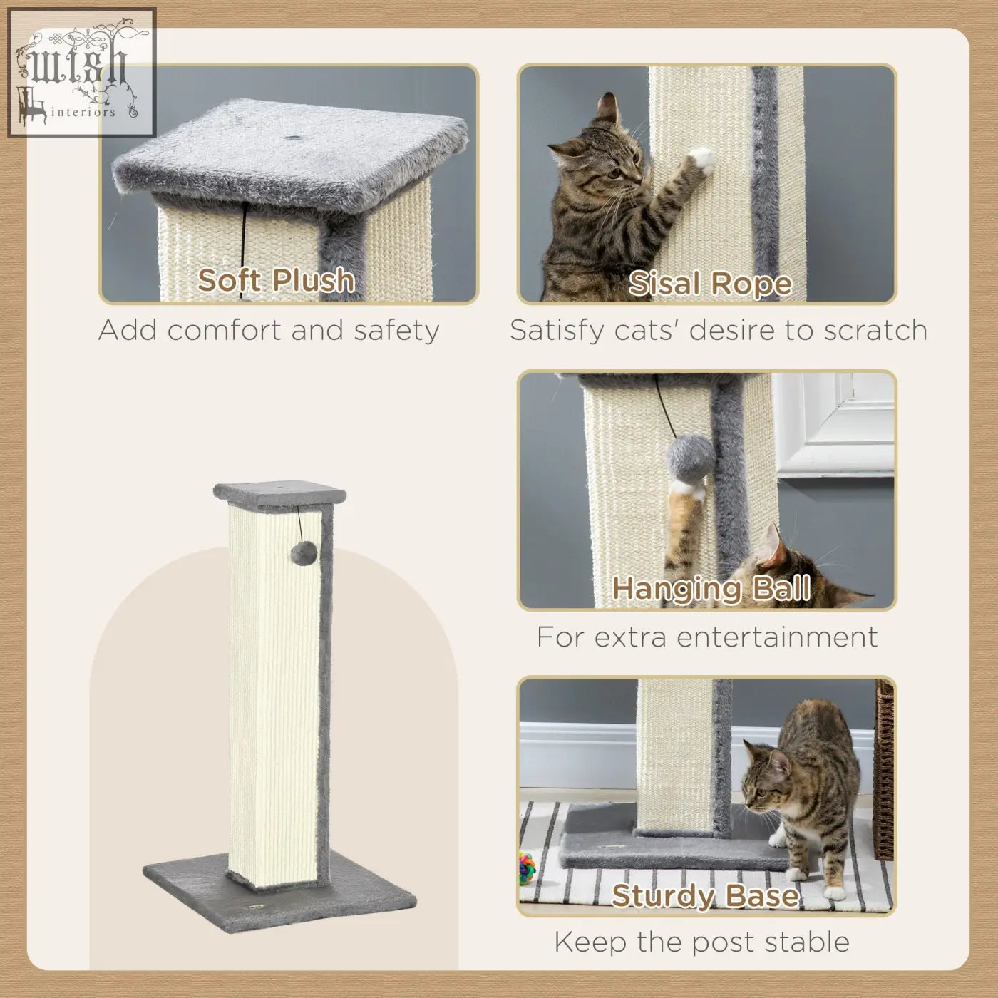 Gray pawhut cat scratching post with soft plush top, natural sisal rope, hanging ball, and particle board base